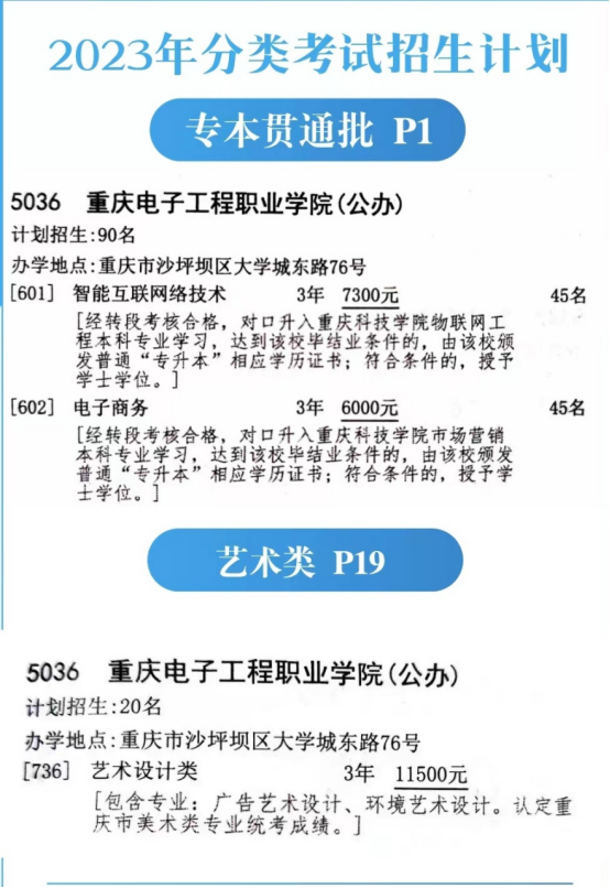重庆电子工程职业学院2023年分类考试招生计划（汇总）