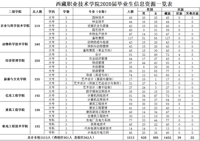 西藏职业技术学院2020届毕业生信息