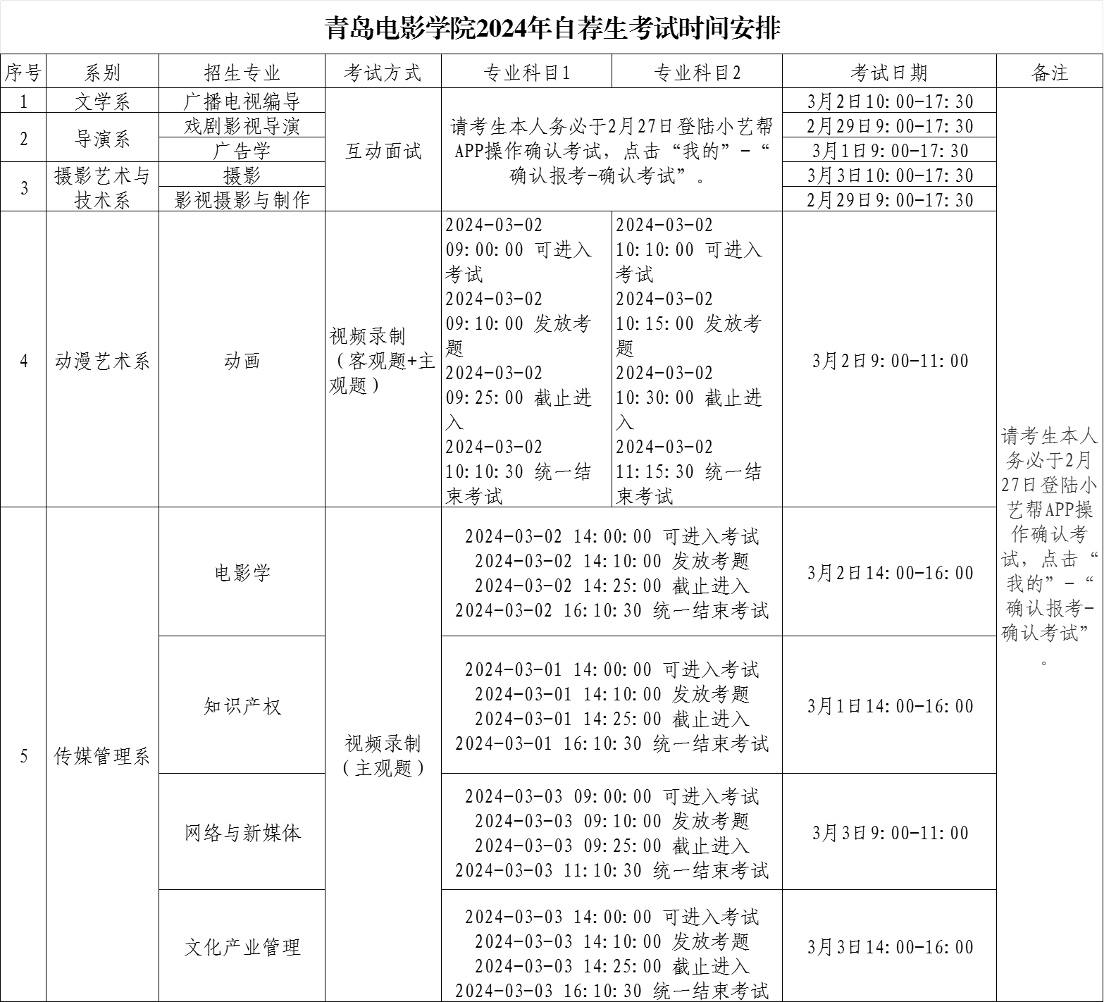 青岛电影学院2024年专升本自荐生考试安排