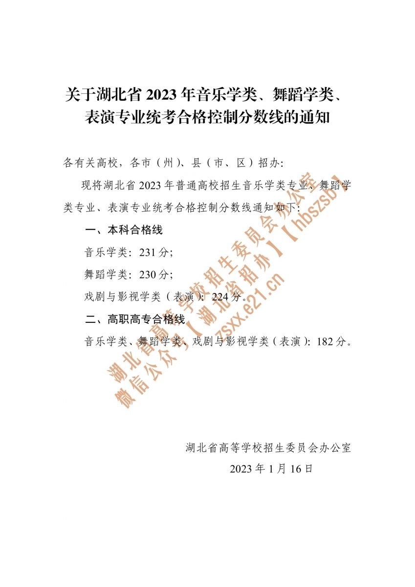 关于湖北省2023年音乐学类、舞蹈学类、 表演专业统考合格控制分数线的通知